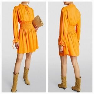 Claudie Pierlot Paris Mini Dress Shirred Waist Long Sleeve Ruffled Collar